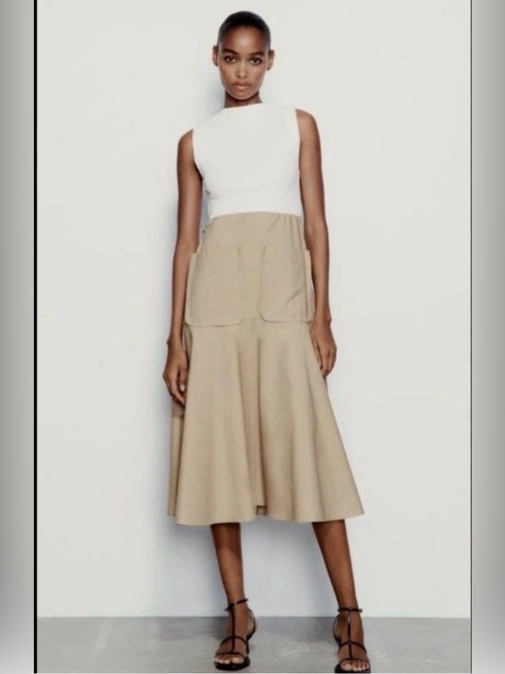 Zara White and Tan Colorblock Maxi Dress with Patch Pockets